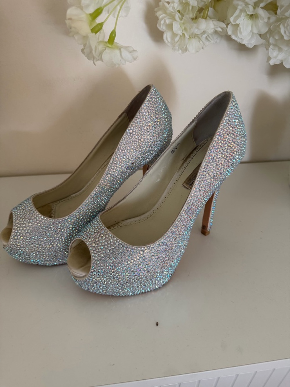 Crystal-Embellished Peep-Toe High Heels in Iridescent Silver